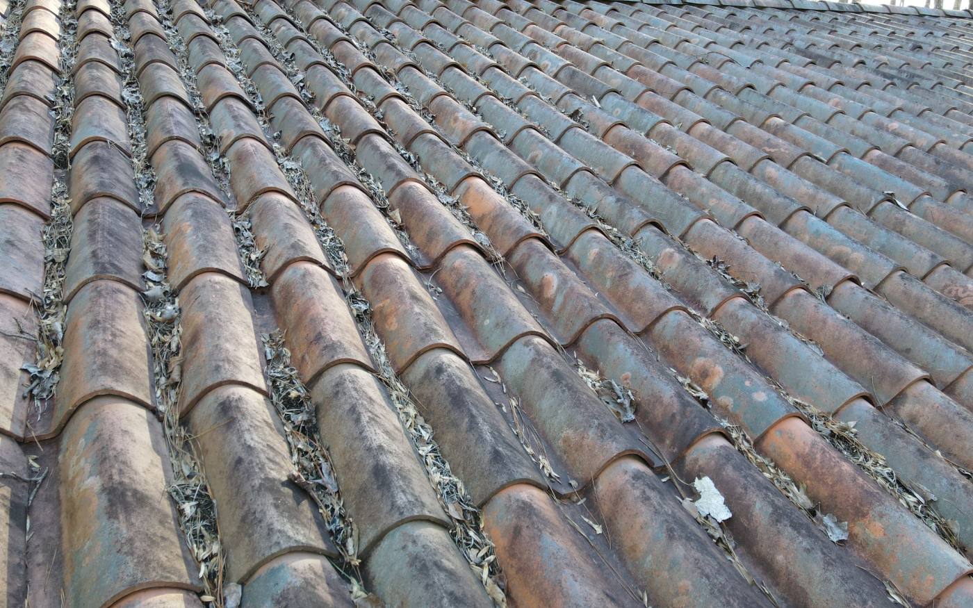 Clay barrel tile up close. Broken or slipped pieces let water reach the underlayment.