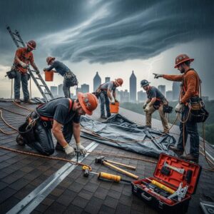 Emergency roof repair team working during a storm in Atlanta