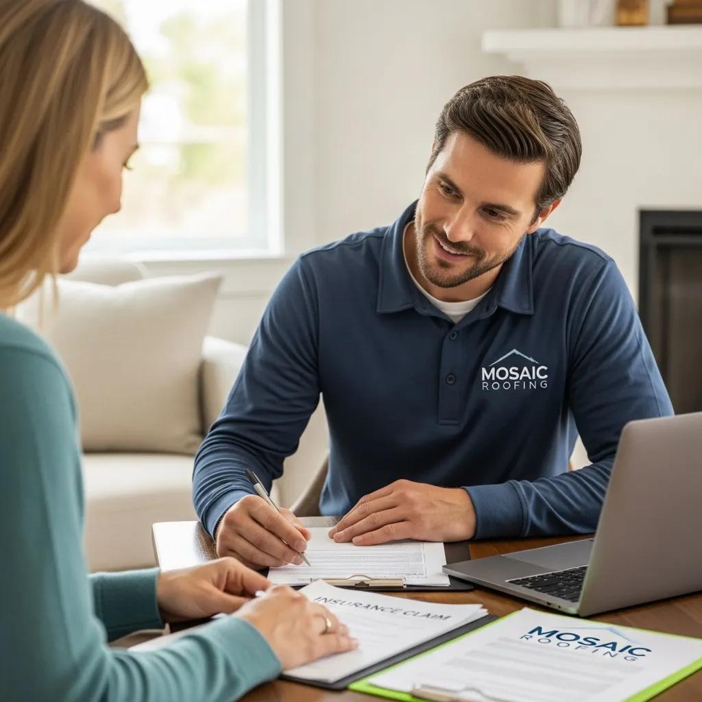 Mosaic Roofing representative helping homeowner with insurance claims for storm damage