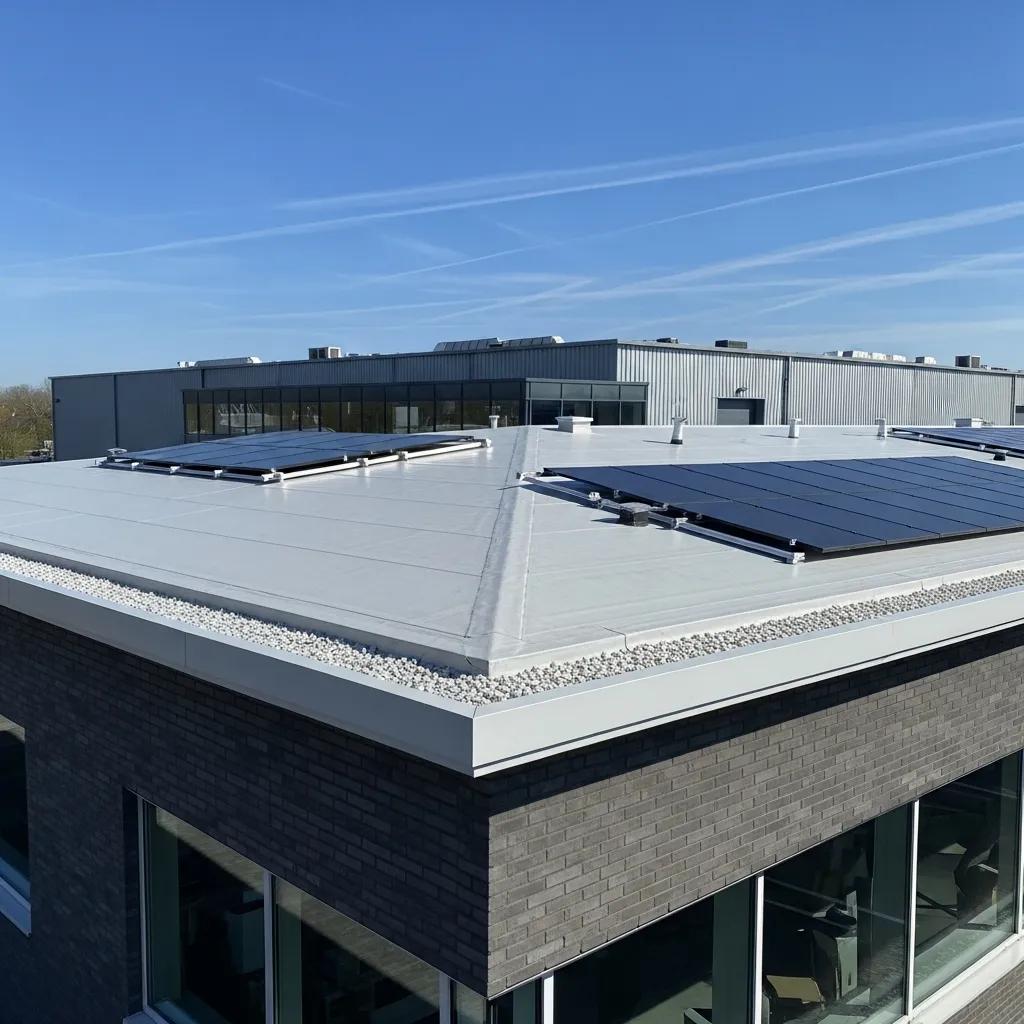 Newly installed commercial roof showcasing energy-efficient features and modern design