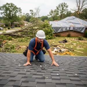 Professional roofing contractor inspecting hail damage on a roof in Decatur, GA
