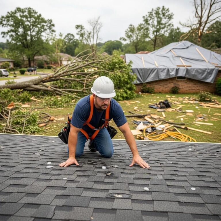 Professional roofing contractor inspecting hail damage on a roof in Decatur, GA
