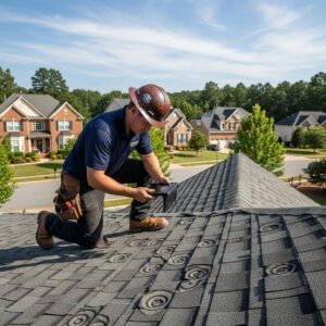 Professional roofing contractor inspecting hail damage on a roof in Sandy Springs, GA