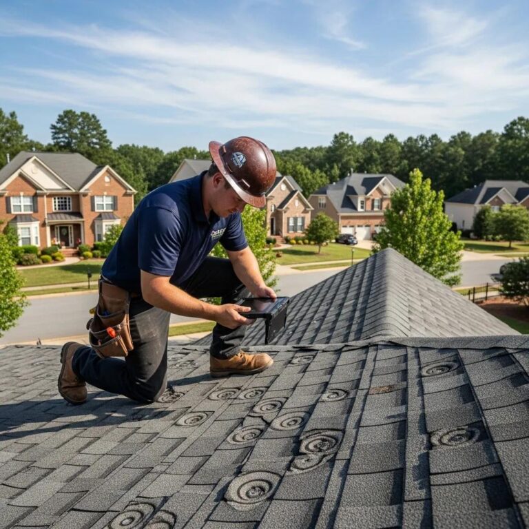 Professional roofing contractor inspecting hail damage on a roof in Sandy Springs, GA