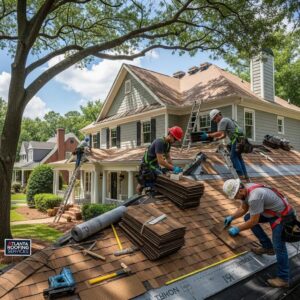 Professional roofing team installing a new roof on a residential home in Atlanta, GA