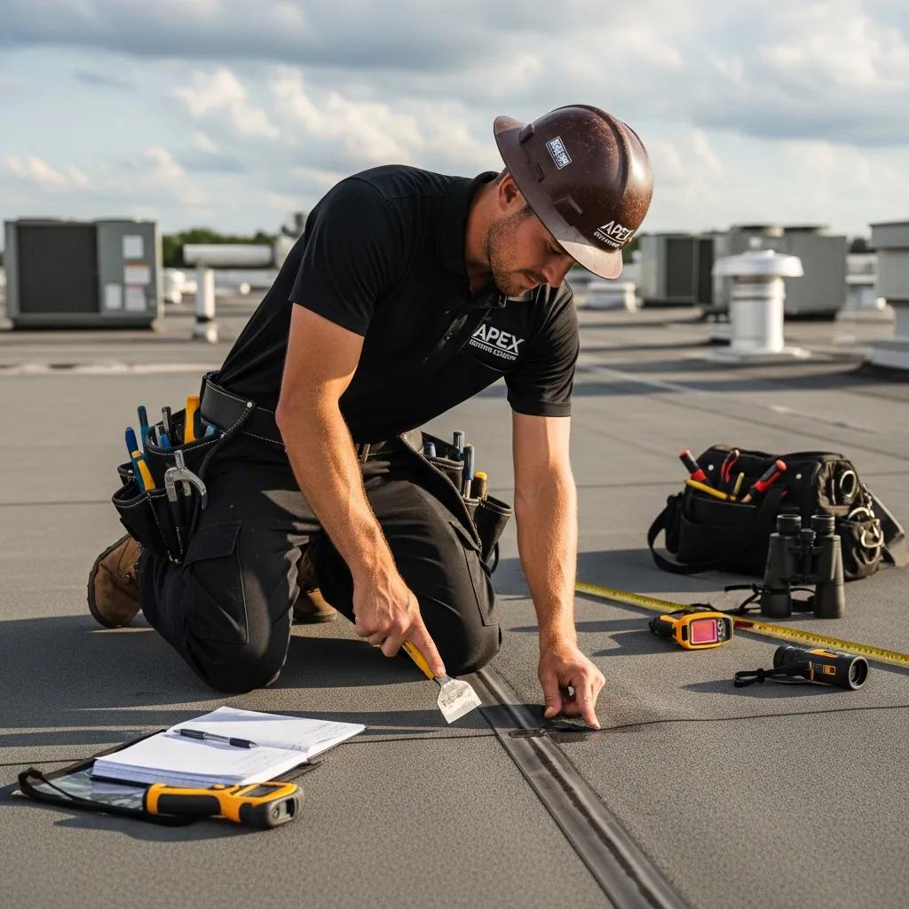 Roofing professional inspecting a commercial roof for maintenance and potential issues