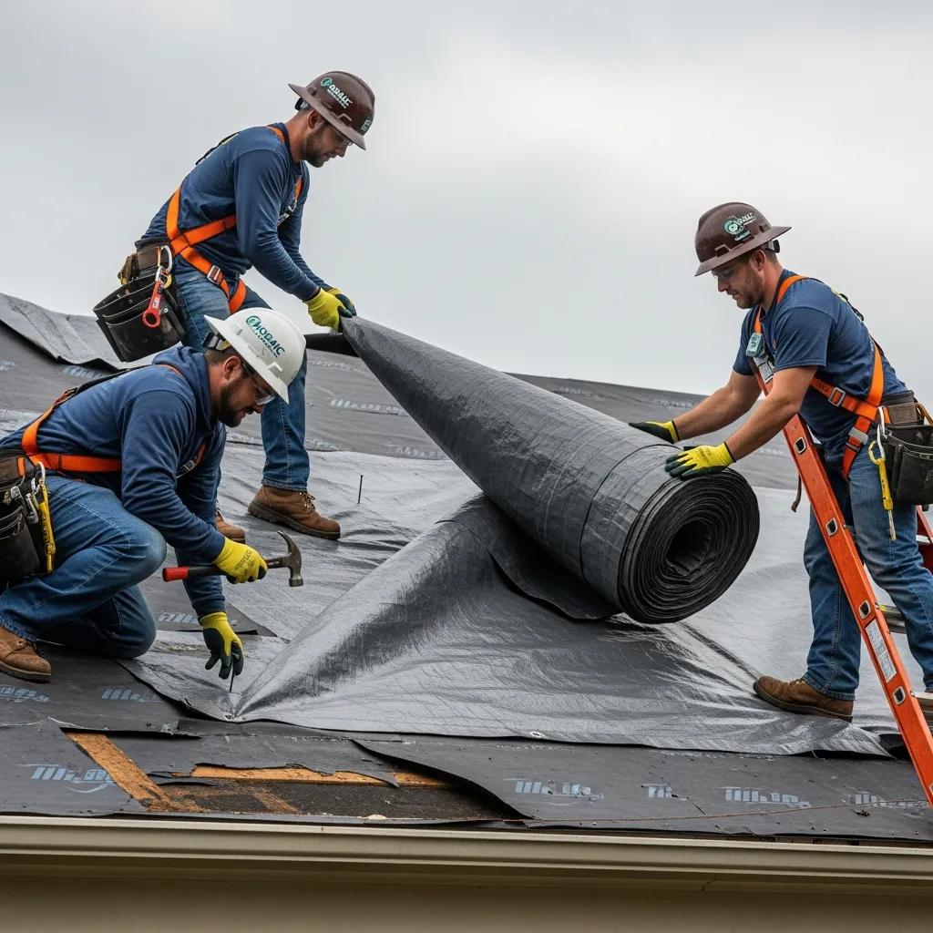 Roofing team installing tarps for emergency protection on storm-damaged roof in Atlanta