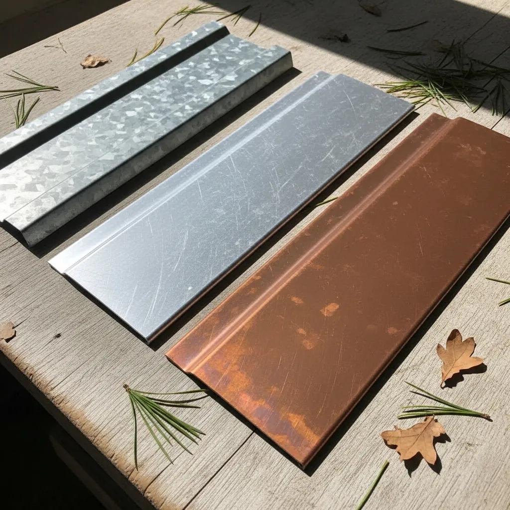 Samples of galvanized steel, aluminum, and copper roofing materials for Atlanta homes