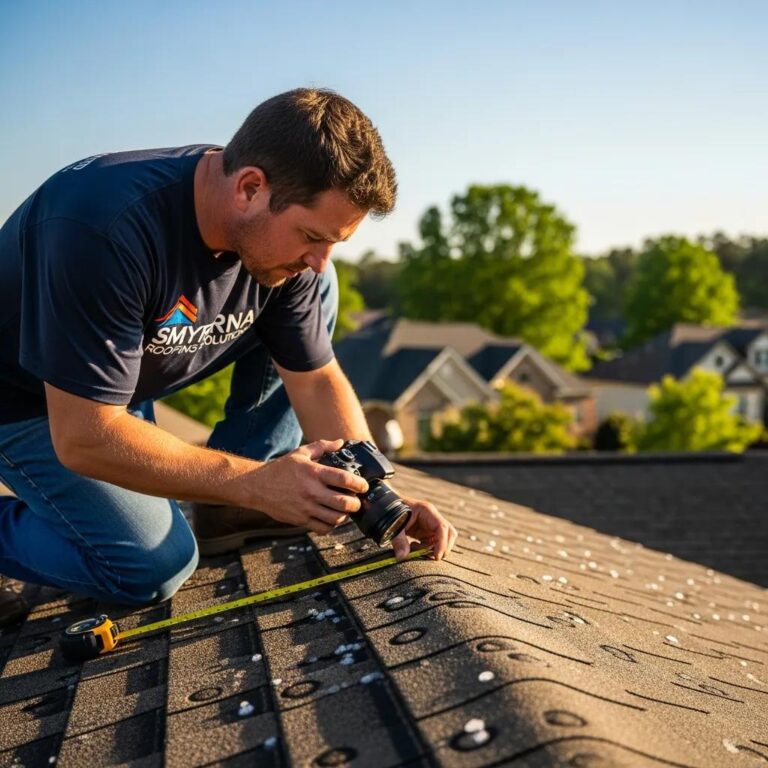 Smyrna hail damage roof repair with a professional inspecting a damaged roof