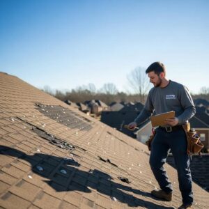 Stockbridge hail damage roof repair with a contractor inspecting a damaged roof
