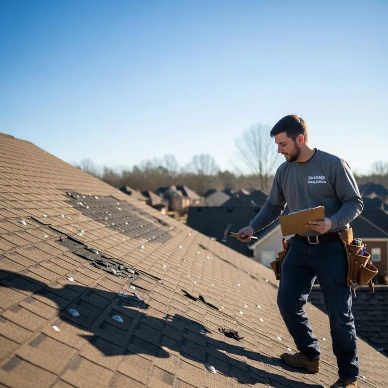 Stockbridge hail damage roof repair with a contractor inspecting a damaged roof