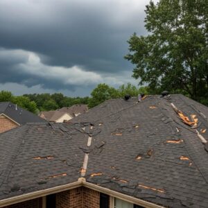 Storm-damaged roof in Atlanta highlighting urgent need for storm damage roofing services